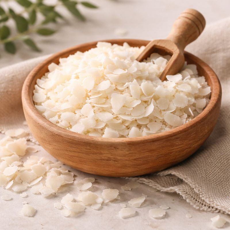 Natural soy wax flakes in a wooden bowl with scoop, ideal for handmade candles