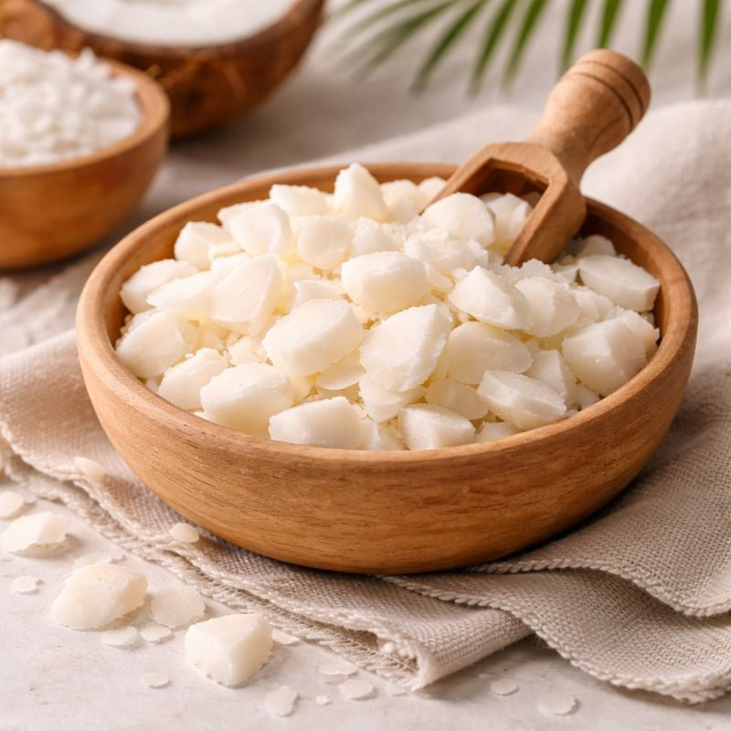 Natural wax chunks in wooden bowl on linen, perfect for sculptural candles