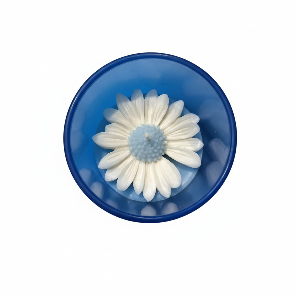 White flower-shaped object in a blue container on a dark surface