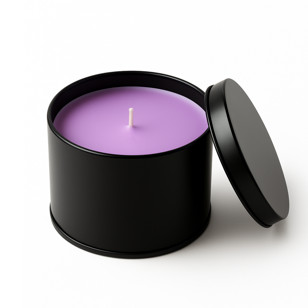 Lilac sculptural candle in a round black metal container with lid, minimalist design
