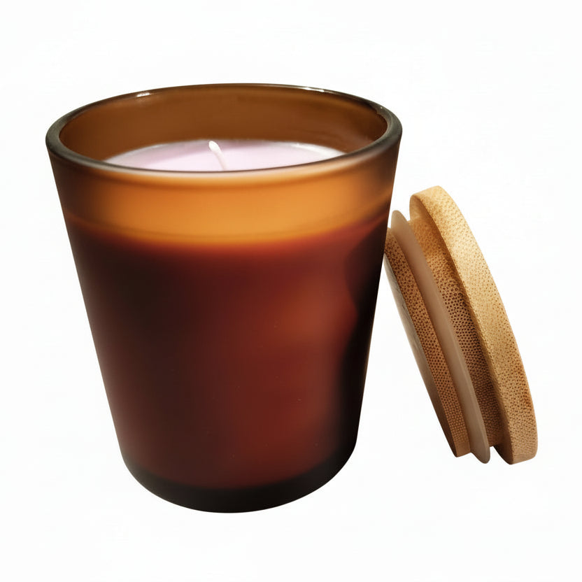 Brown glass candle in natural wax with bamboo lid, minimalist sustainable home decor