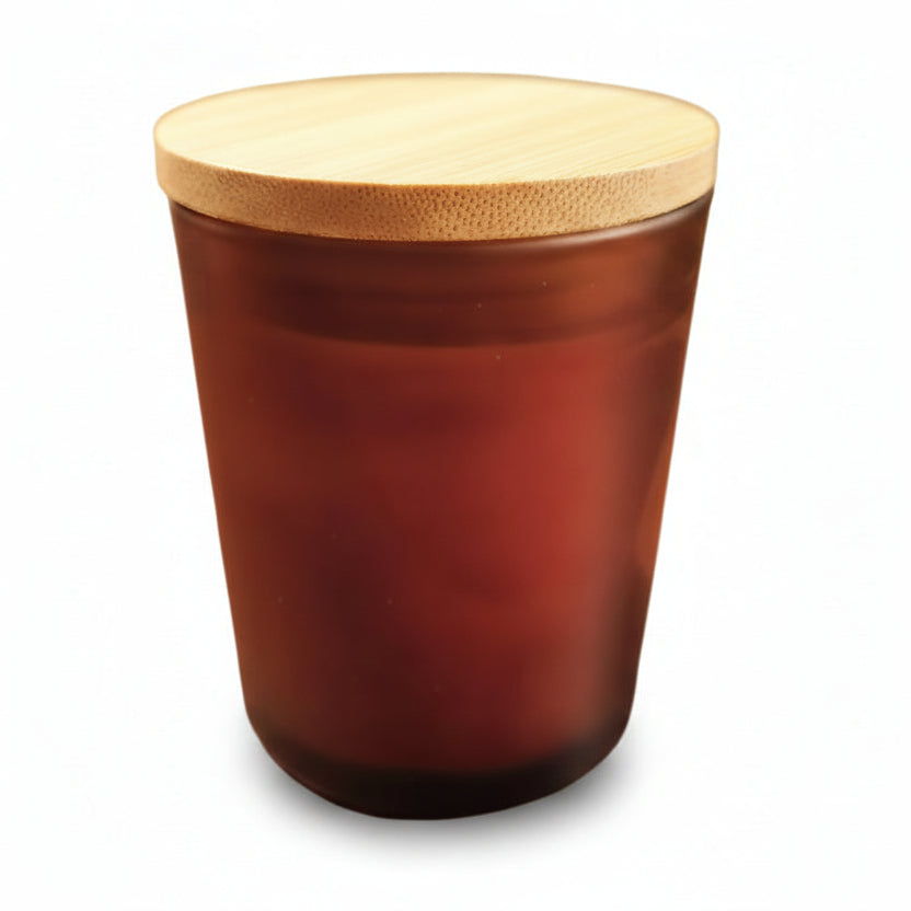 Brown frosted glass candle with wooden lid, natural wax, reusable container
