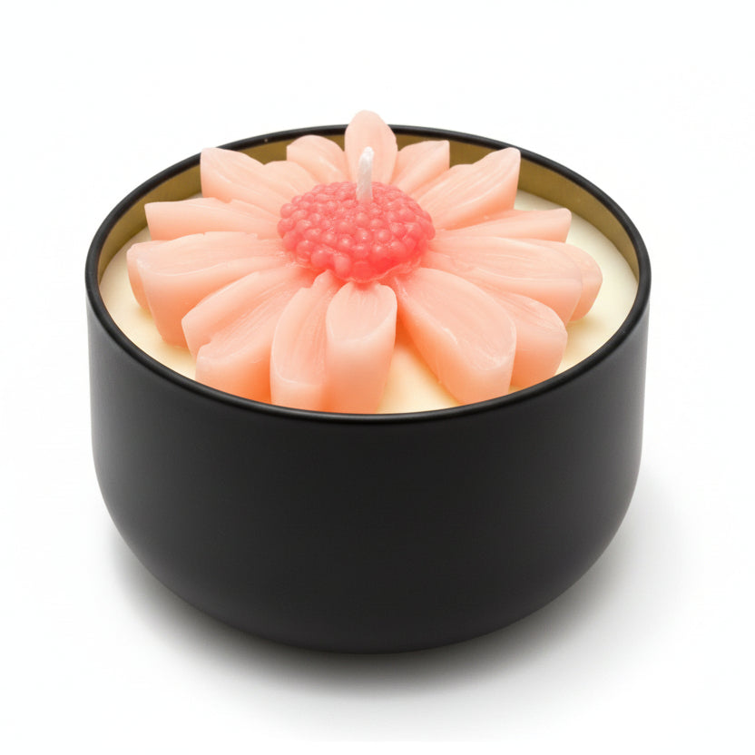 Flower-shaped sculptural candle in a black reusable container, natural wax, decorative home decor