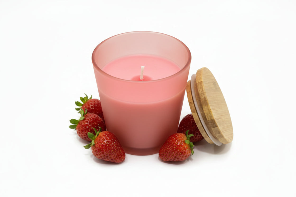 Pink strawberry scented candle in glass jar with wooden lid, surrounded by fresh strawberries