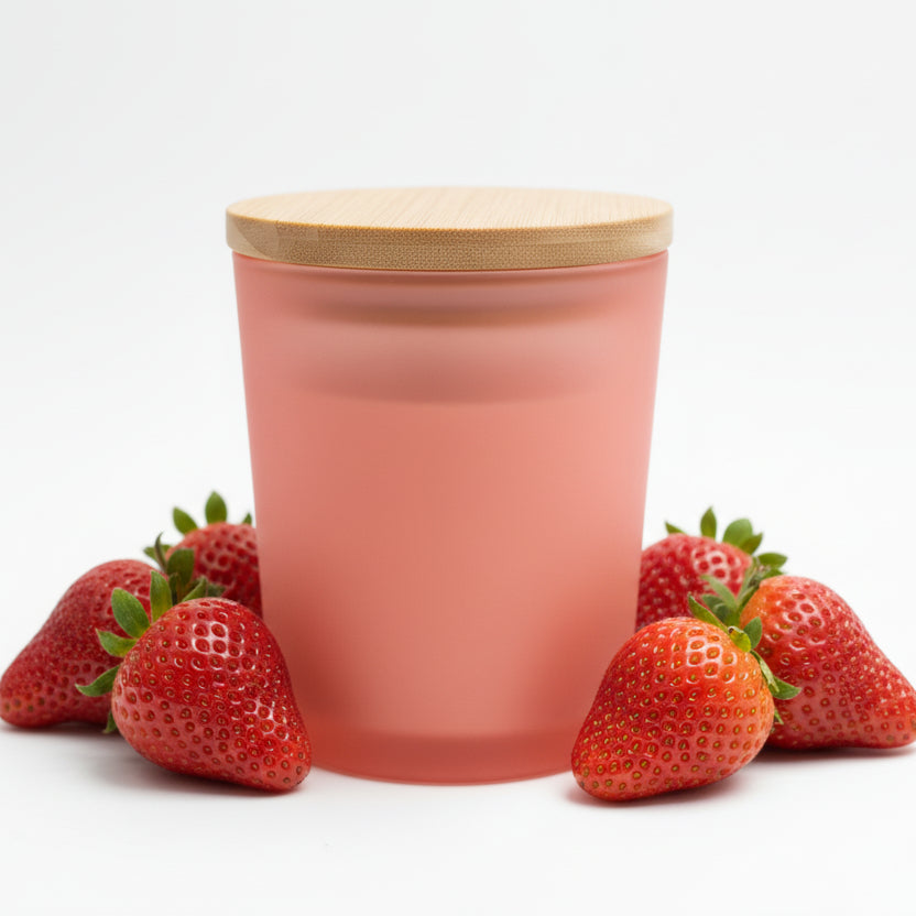Pink frosted glass candle with bamboo lid, surrounded by fresh strawberries, on white background