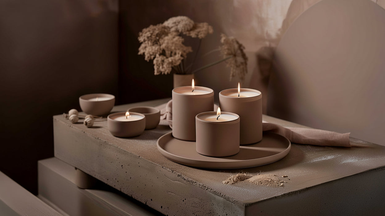 Natural soy wax candles arranged on minimalist surface