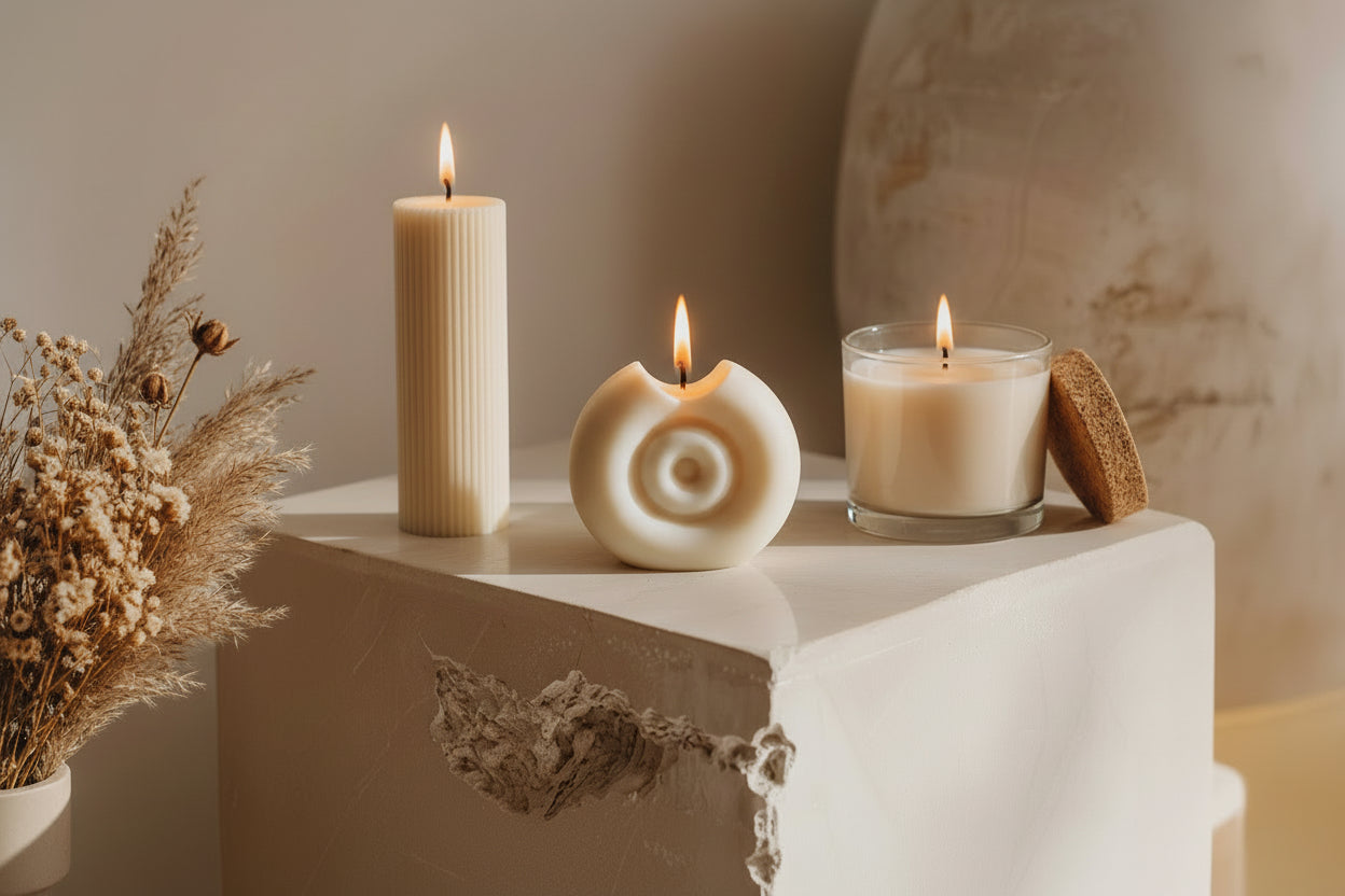 Three candles on a white surface with a neutral background