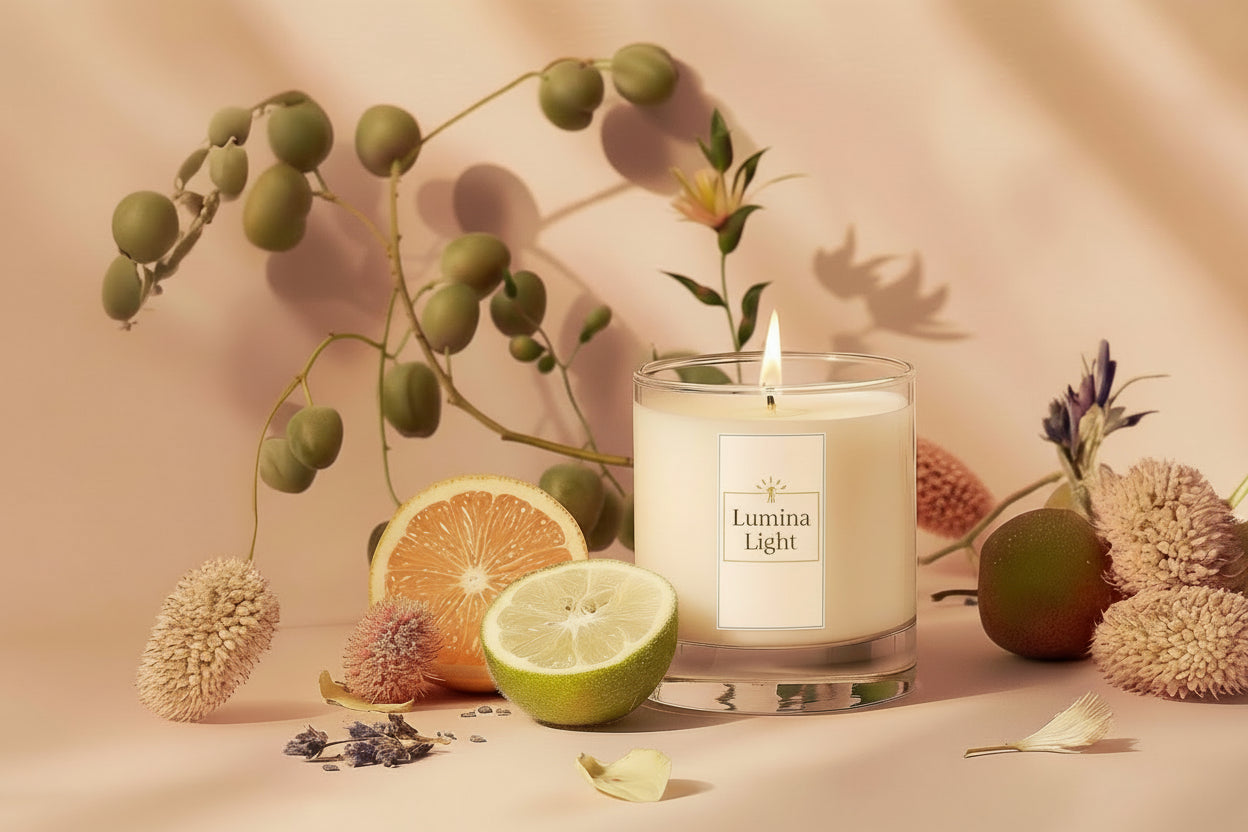 Lumina Light candle surrounded by fruits and flowers on a soft pink background