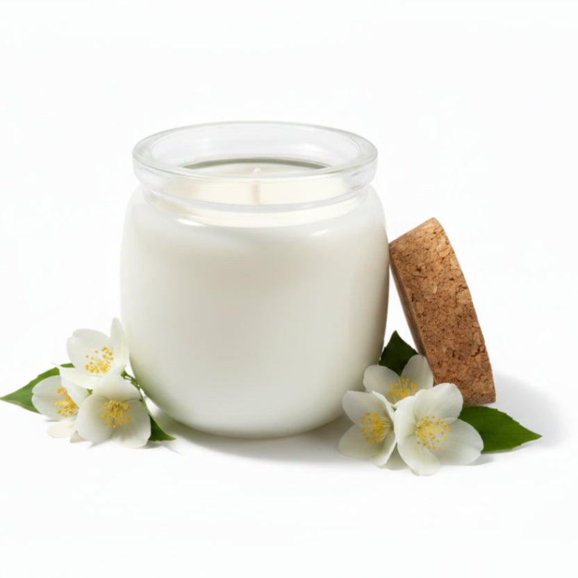 Coconut wax candle in glass jar with cork lid and jasmine flowers on white background.