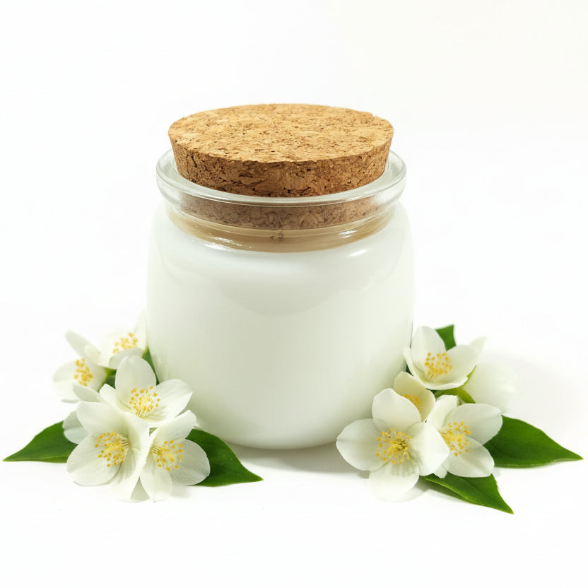 Coconut wax jasmine candle in glass jar with cork lid, surrounded by jasmine flowers