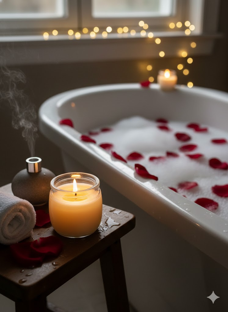 Scented candle burning near a bubble bath with rose petals and soft fairy lights.