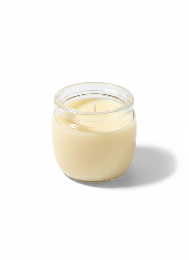 Natural wax candle in a clear glass jar on a white background