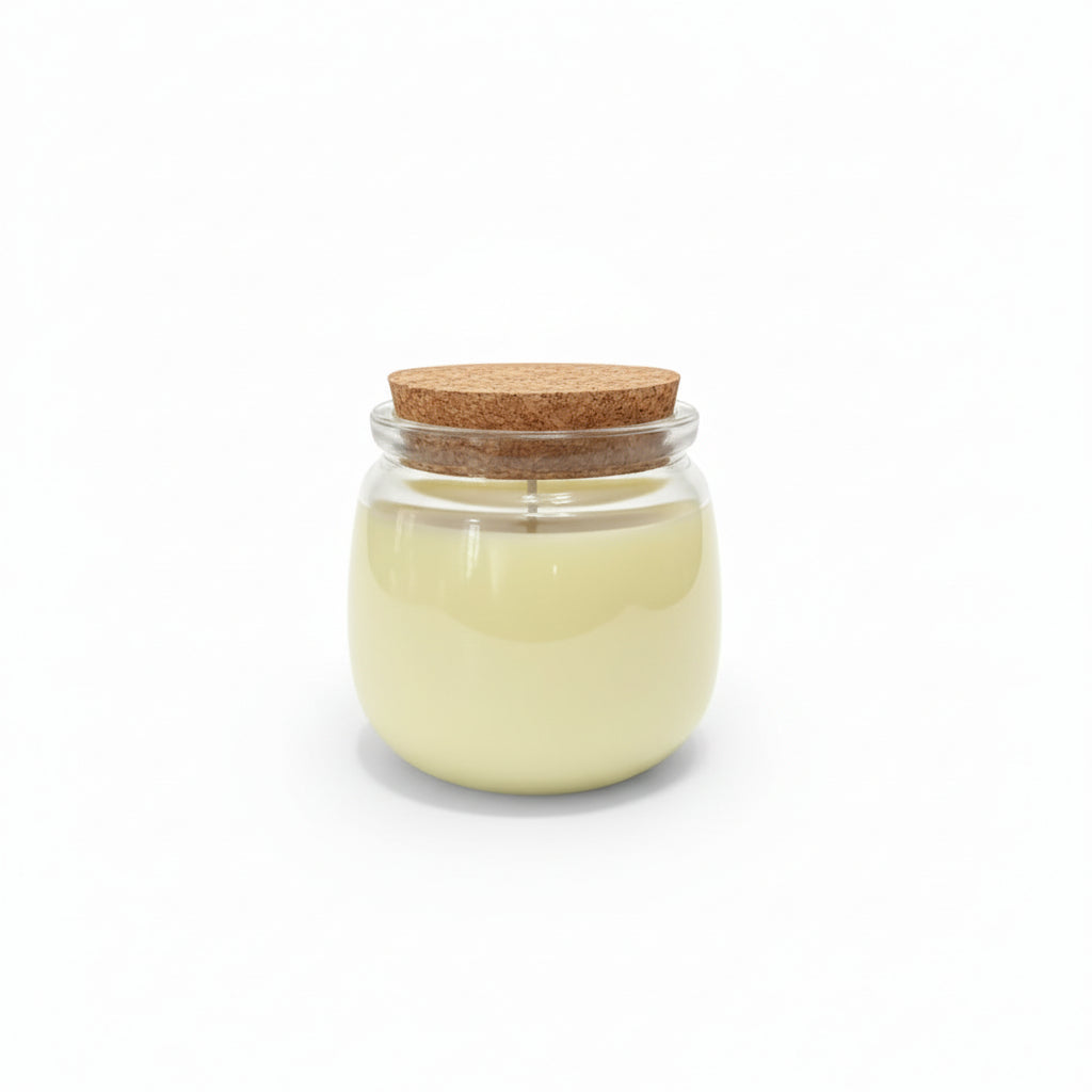 Natural wax candle in clear glass jar with cork lid on white background