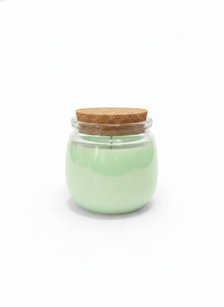 Mint green candle in clear glass jar with cork lid on white background