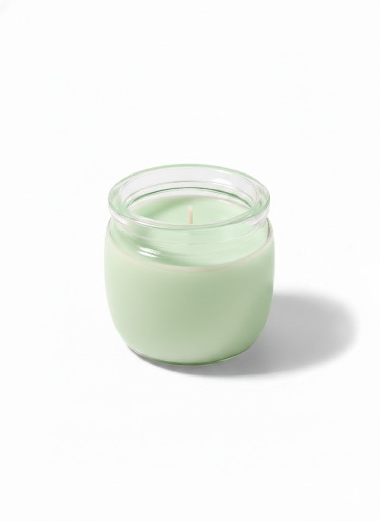 Light green sculptural candle in a clear glass jar on white background