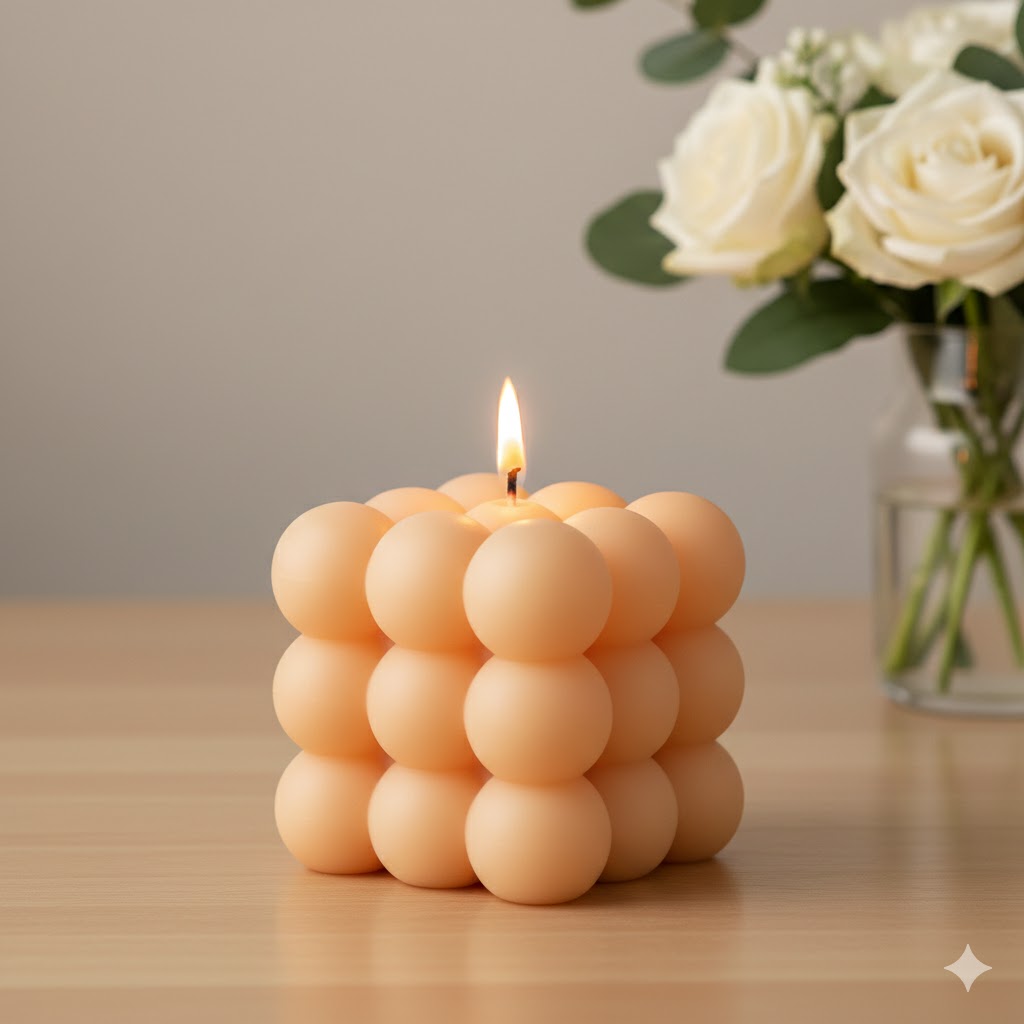 Geometric bubble cube candle burning on wooden table, white roses in glass vase behind