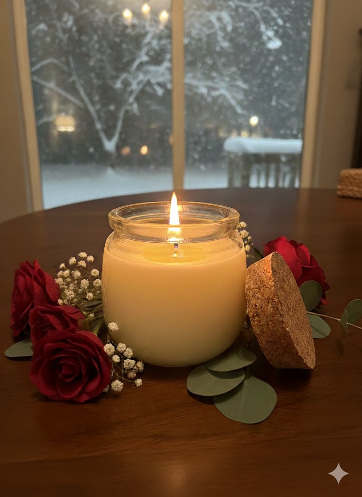 Scented natural wax candle in glass jar with cork lid, surrounded by red roses on wooden table