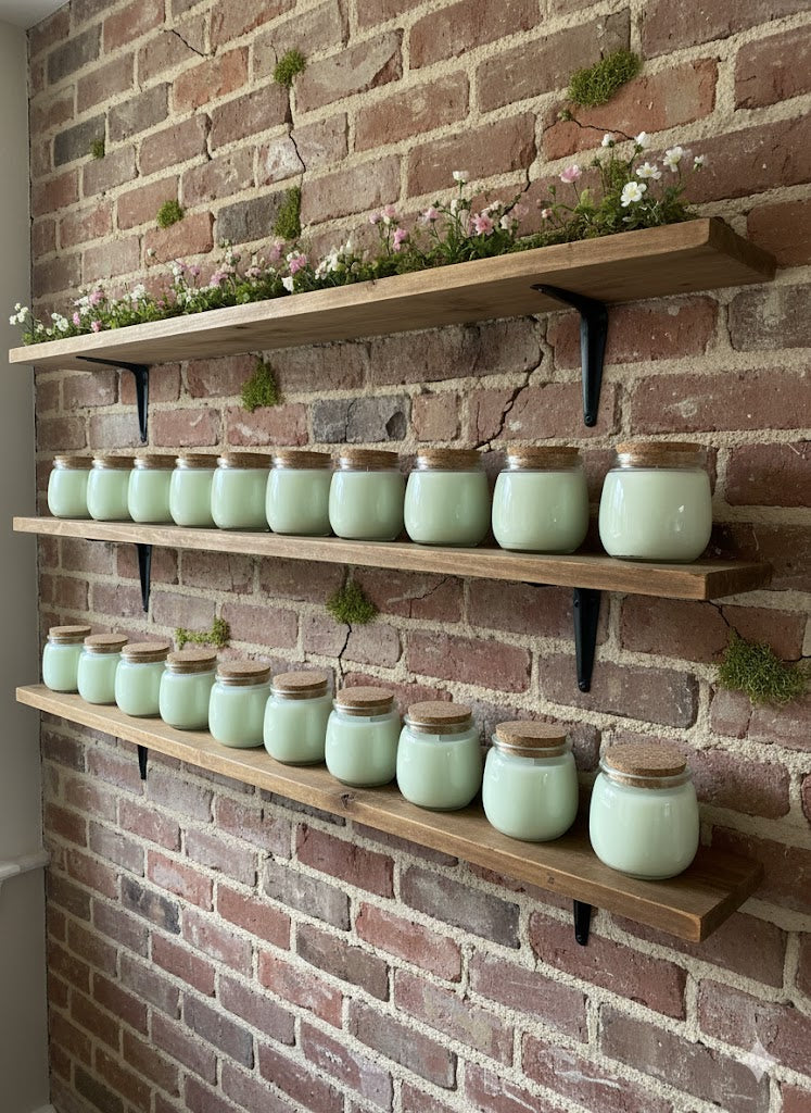 Natural wax candles in glass jars with cork lids arranged on wooden shelves against a brick wall